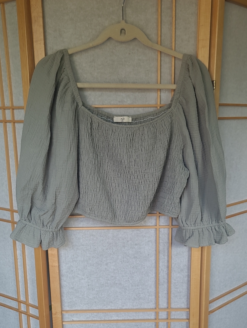 Sage Green Smocked Puff Sleeve Crop Top with Ruffle Cuffs